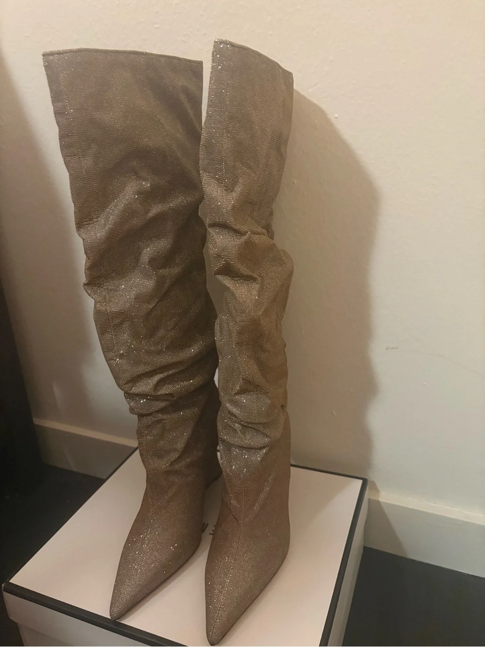 NEW Steve Madden gold Distortion knee-high slouch wedge boots